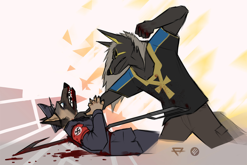 angry ankh anthro anu anubian_jackal anubis asphyxiation blood canine choking clenched_teeth clothing deity digital_media_(artwork) dog duo fear fight german_shepherd jackal kavaeric male mammal melee_weapon nazi polearm punching sharp_teeth spear teeth uniform violence weapon