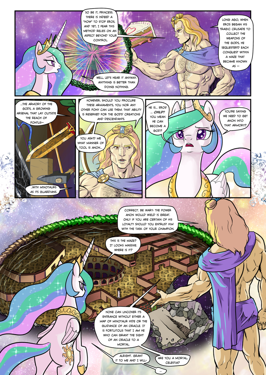 2017 anon apollo blonde_hair blue_eyes cake comic cutie_mark deity dialogue digital_media_(artwork) english_text equine eyes_closed feathered_wings feathers female feral food friendship_is_magic hair hi_res horn horse human magic male mammal maze multicolored_hair muscular muscular_male my_little_pony nude open_mouth pencils_(artist) pony pose princess_celestia_(mlp) purple_eyes star text winged_unicorn wings