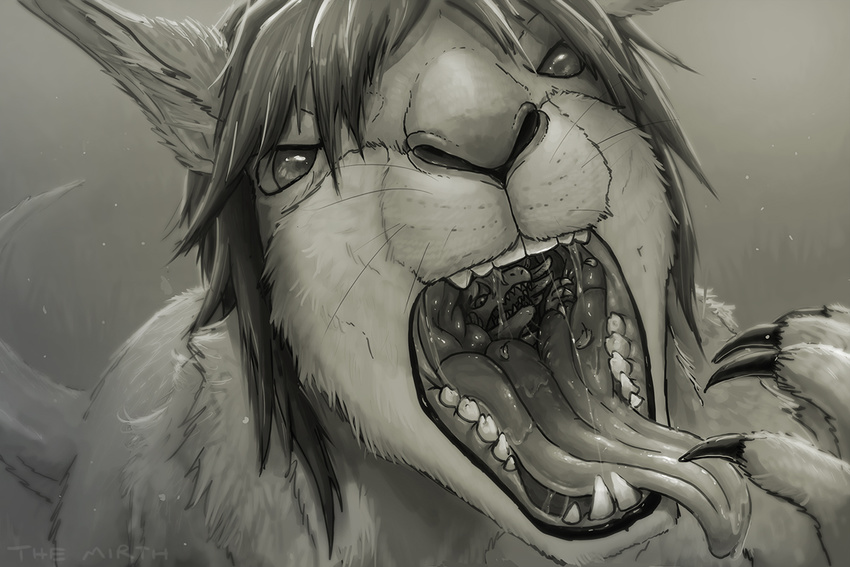 black_and_white body_in_mouth close-up dragon forced kangaroo looking_up mammal marsupial monochrome mouth_shot nylla oral_vore scared signature swallowing taluthus teeth themirth tongue tongue_out vore