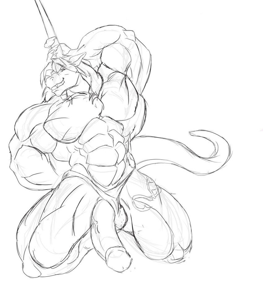 anthro big_muscles big_penis bulge clothing cyran dancing dragon humanoid_penis looking_at_viewer male muscular muscular_male penis pinup pole pole_dancing pose scalie sketch slyphin_drakil solo tattoo thong western_dragon