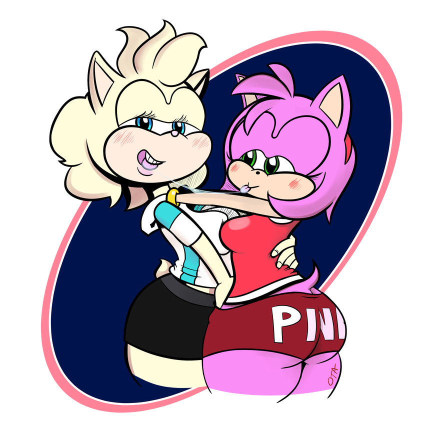 amy_rose anthro big_butt blush booty_shorts butt fan_character female fur hair kissing looking_at_viewer ota_(artist) pink_fur pink_hair saliva saliva_string sonic_(series) sophie_(argento) video_games white_fur white_hair white_shirt