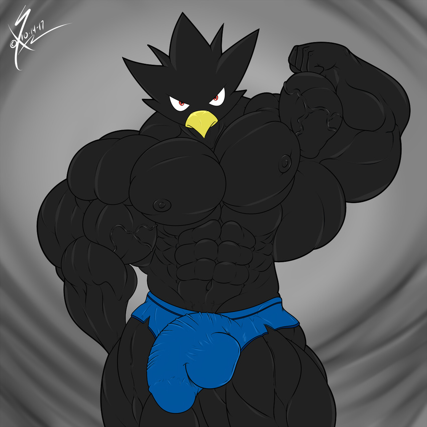 2017 abs abstract_background angry anthro avian balls beak biceps big_balls big_muscles big_penis bulge clothed clothing digital_media_(artwork) erection fumikage_tokoyami huge_balls hyper hyper_balls hyper_muscles hyper_penis looking_at_viewer male muscular muscular_male my_hero_academia nipples pecs penis pose saixyuniz-xynz simple_background solo speedo standing swimsuit toony vein wings