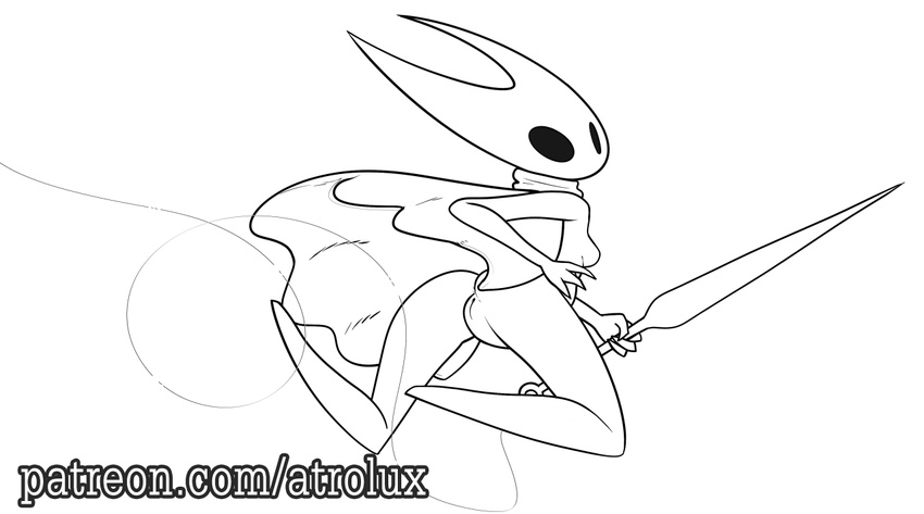 2017 anthro arthropod atrolux breasts clothed clothing female hollow_knight hornet_(hollow_knight) insect melee_weapon needle not_furry pussy slim small_waist solo weapon