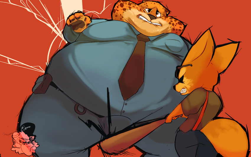 ballbusting baseball_bat benjamin_clawhauser canine clenched_teeth clothed clothing cock_and_ball_torture disney eyewear fennec finnick fox glasses male male/male mammal necktie obese overweight pain police shamelesss signature simple_background teeth zootopia