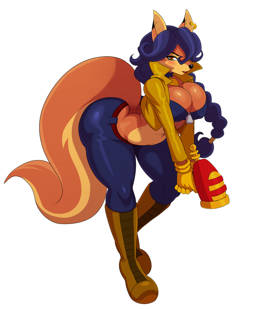 2017 absurd_res anthro black_nose blue_hair boots breasts canine carmelita_fox cleavage clothed clothing ear_piercing female footwear fox gloves gun hair hi_res holding_object holding_weapon long_hair looking_at_viewer mammal piercing ranged_weapon simple_background sly_cooper_(series) solo sssonic2 video_games weapon white_background