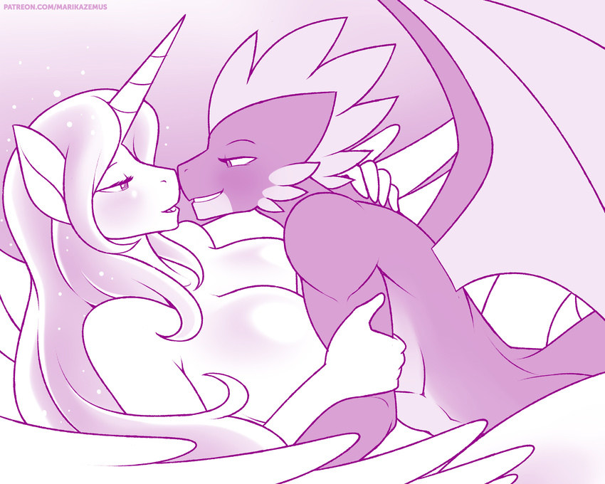 2017 angelic anthro anthrofied bedroom_eyes breasts cleavage clothed clothing dragon duo equine female friendship_is_magic half-closed_eyes horn lying male male/female mammal marik_azemus34 membranous_wings missionary_position my_little_pony on_back princess_celestia_(mlp) romantic seductive sex spike_(mlp) wings