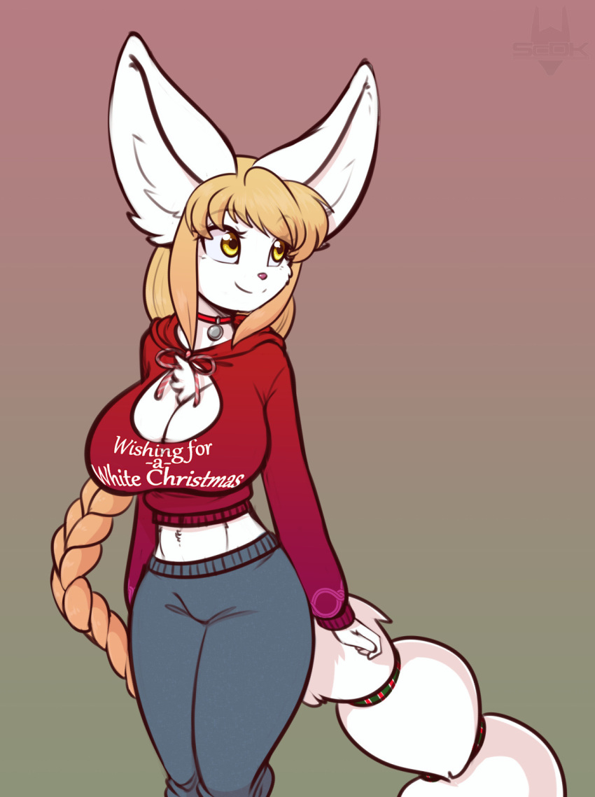 2018 amber_eyes anthro big_breasts big_ears blonde_hair breasts canine choker cleavage cleavage_cutout clothed clothing english_text female fennec fox hair hoodie long_hair mammal oriana scorpdk text