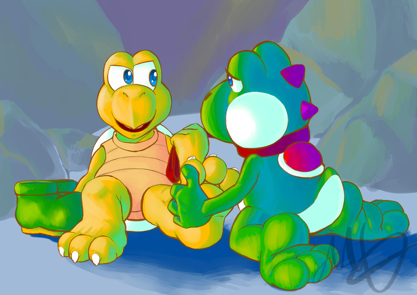 2017 3_toes ambiguous/ambiguous ambiguous_gender anthro barefoot claws clothing collar digital_media_(artwork) dinosaur duo embarrassed eye_contact featureless_crotch feet foot_fetish foot_grab foot_worship footwear green_yoshi gwp kneeling koopa koopa_troopa mario_bros naughty_face nintendo nude paws reptile scalie shell shoes signature sitting soles toe_claws toes turtle video_games yoshi