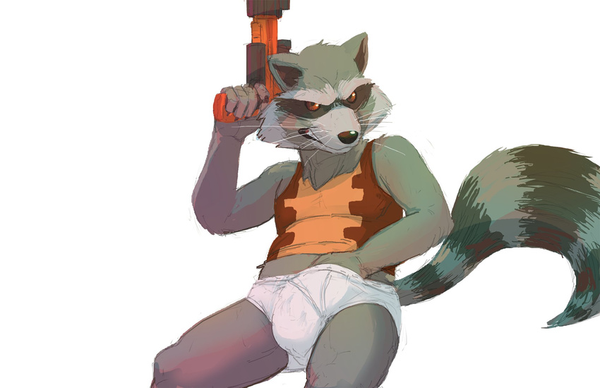 2017 alternate_version_available anthro black_fur blush briefs brown_eyes bulge clothed clothing daire301 digital_drawing_(artwork) digital_media_(artwork) fur grey_fur guardians_of_the_galaxy gun hand_in_underwear hi_res male mammal marvel orange_shirt procyonid raccoon ranged_weapon rocket_raccoon shirt simple_background solo tighty_whities underwear weapon whiskers white_background white_underwear