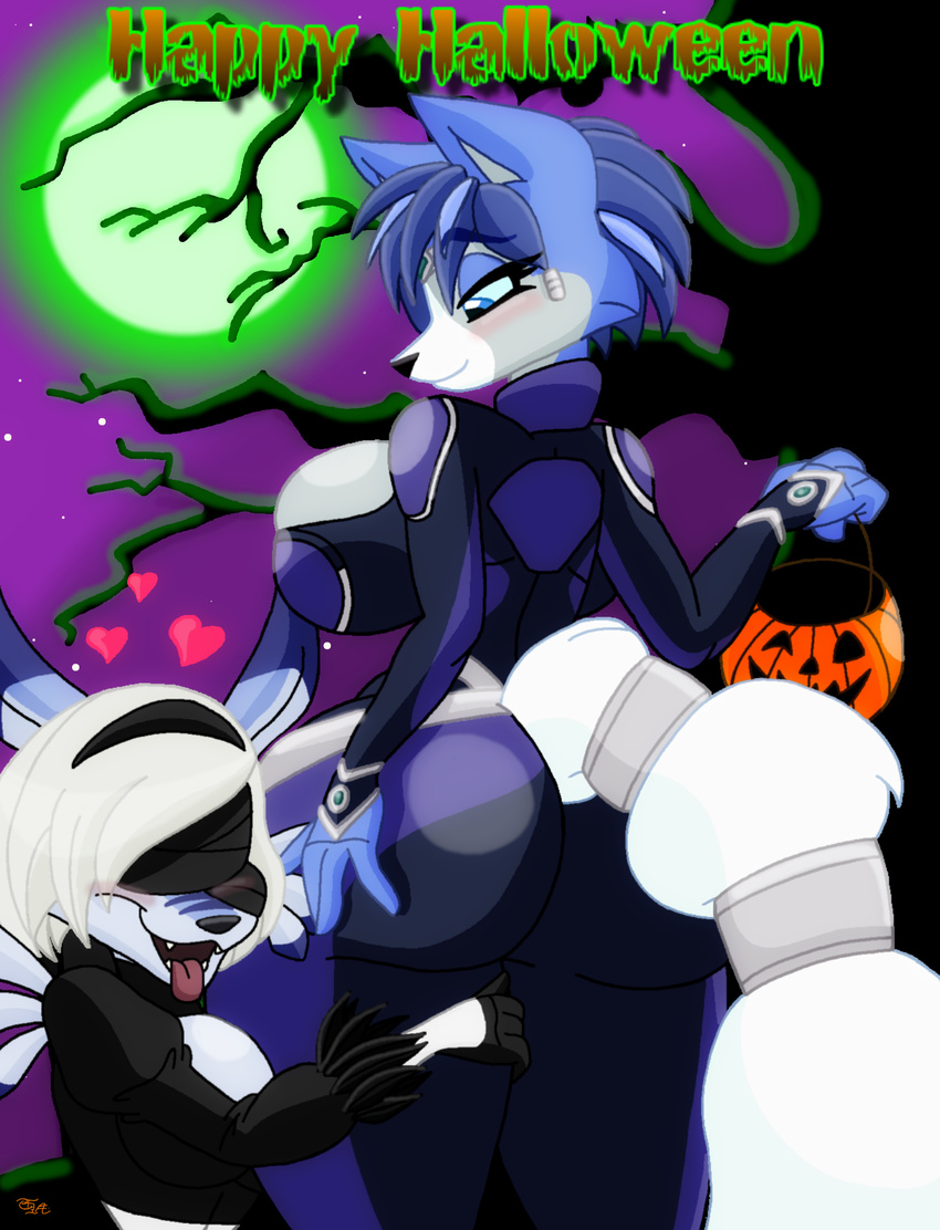 anthro big_breasts big_butt breasts butt canine cat clothing costume digimon digimorph duo feline female fox halloween hi_res holidays huge_butt hybrid krystal krystine_sapphire mammal mink mustelid nintendo pinup pose star_fox star_fox_assault toddrogue69 video_games weregarurumon