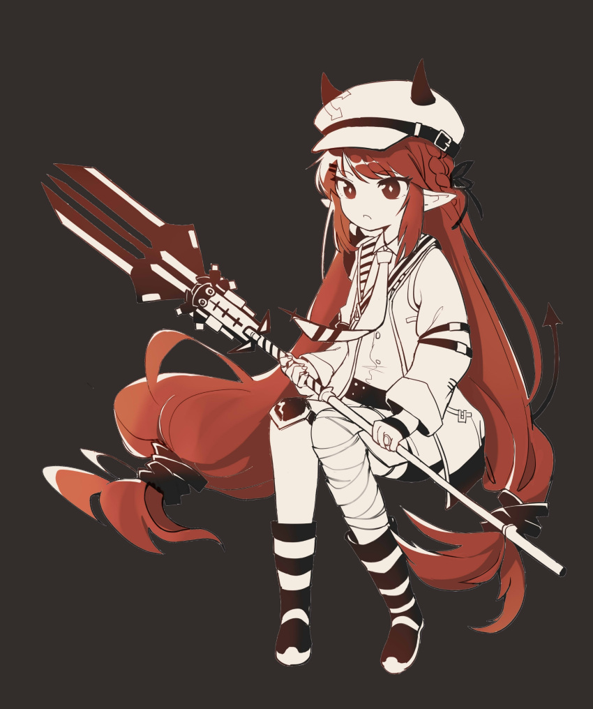 1girl anyou990 arknights bandaged_leg bandages brown_background chinese_commentary commentary_request demon_horns diamond-shaped_pupils diamond_(shape) fingernails flat_cap full_body hair_ribbon hat highres holding holding_polearm holding_weapon horns horns_through_headwear jacket jewelry limited_palette long_hair long_sleeves looking_at_viewer low-tied_long_hair necktie open_clothes open_jacket parted_lips pointy_ears polearm red_eyes red_hair ribbon ring shirt simple_background solo striped striped_footwear symbol-shaped_pupils very_long_hair vigna_(arknights) weapon