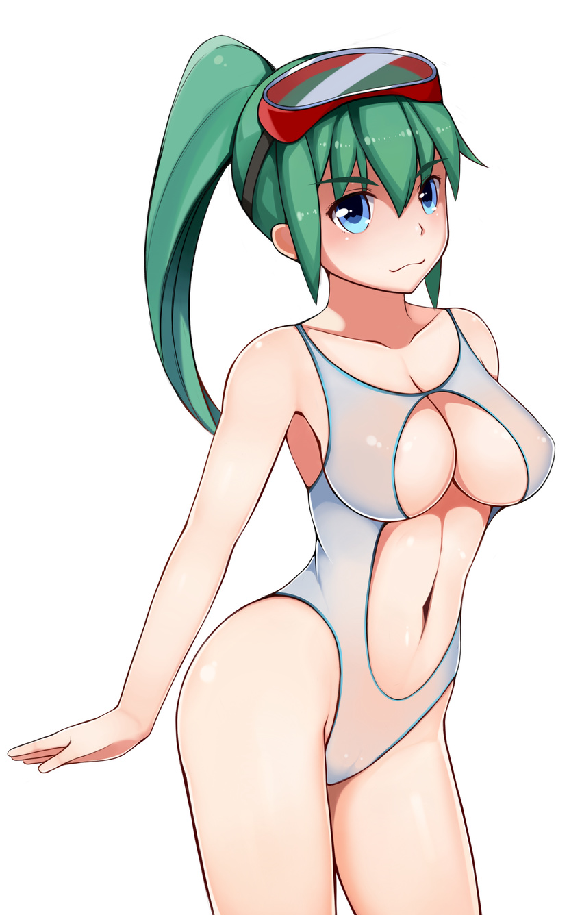 :3 absurdres arms_behind_back bad_id bad_pixiv_id blue_eyes blush breasts center_opening collarbone eyebrows_visible_through_hair goggles goggles_on_head green_hair hair_between_eyes highres jangif large_breasts long_hair looking_at_viewer navel one-piece_swimsuit original side_ponytail smirk solo swimsuit transparent_background vacation_(turning_gear)