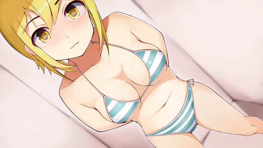 absurdres arms_behind_back bad_id bad_pixiv_id bikini blonde_hair blush breasts closed_mouth dutch_angle fitting_room highres indoors jangif looking_at_viewer medium_breasts navel original short_hair side-tie_bikini smile solo standing striped striped_bikini swimsuit vacation_(turning_gear) wavy_mouth yellow_eyes