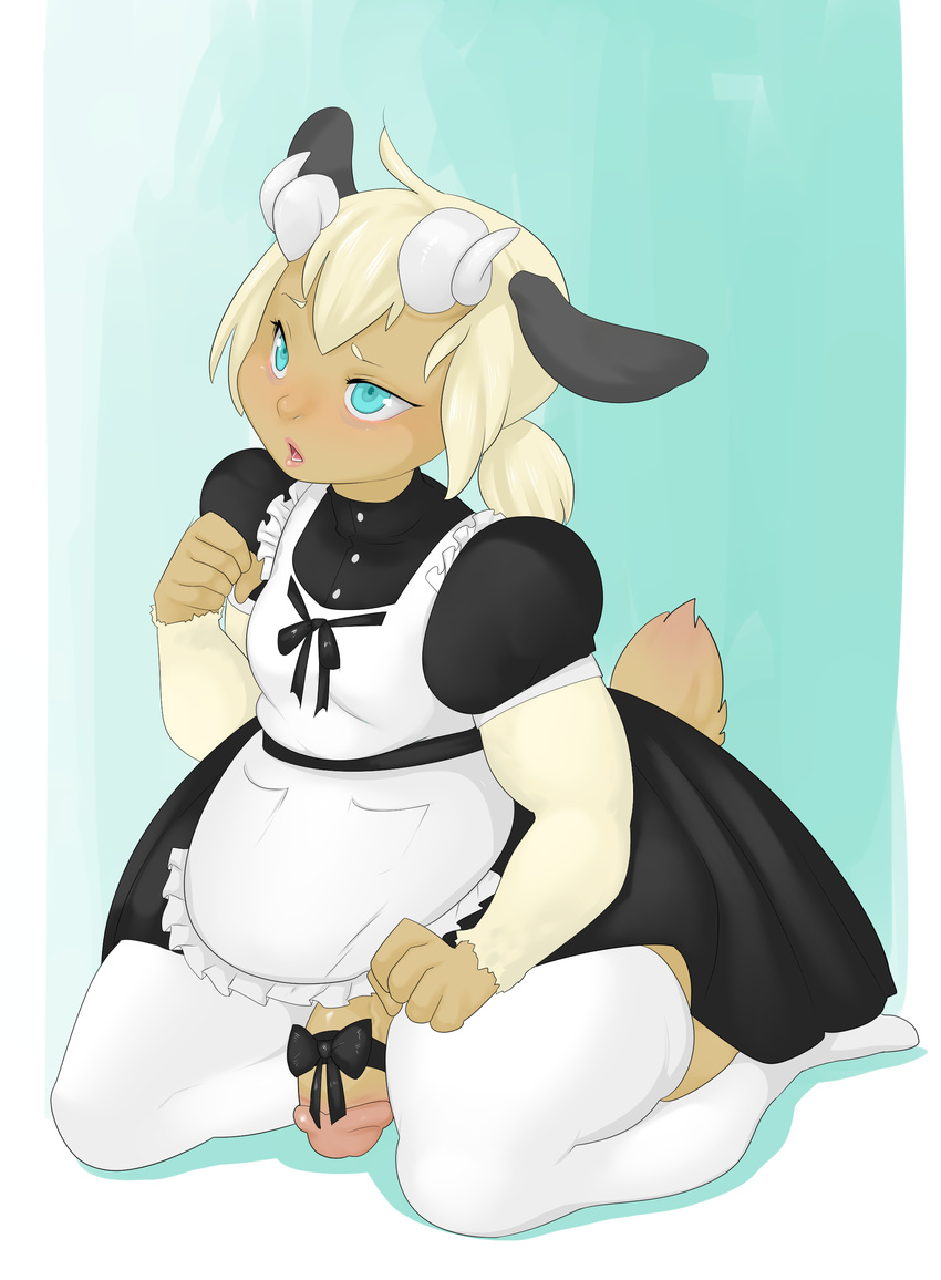 anthro apron clothing dickgirl half-erect hi_res horn humanoid_penis intersex kneeling lagomorph maid_uniform mammal obese overweight penis rabbit solo thick_penis tweedabop uniform voluptuous