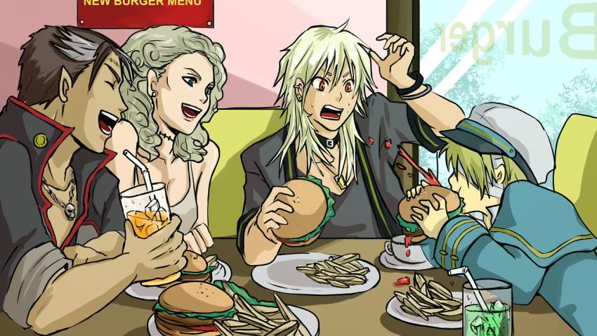 1girl 3boys big_al blonde_hair booth choker diner dress drinking_straw eating food hamburger hayame_(m_ayame) jewelry ketchup long_hair looking_at_another multicolored_hair multiple_boys necklace oliver_(vocaloid) open_mouth orange_eyes sleeves_rolled_up squirting sweet_ann two-tone_hair vocaloid white_dress yohioloid