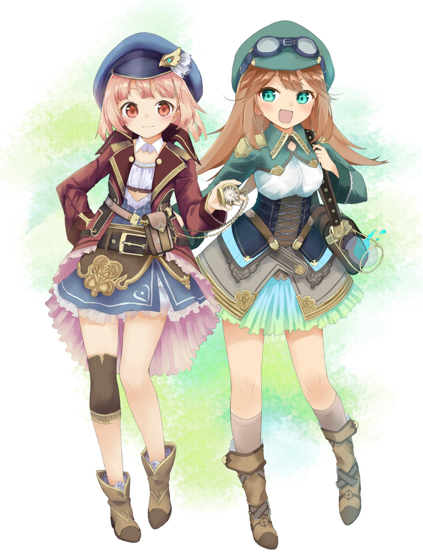 2girls :d absurdres aqua_eyes bag bangs belt belt_buckle black_belt blue_dress blue_hat blue_skirt blush boots breasts brown_footwear brown_hair brown_legwear brown_skirt buckle cabbie_hat chains closed_mouth commentary_request corset dress eyebrows_visible_through_hair full_body goggles goggles_on_headwear green_hat hand_on_hip hat highres jacket kneehighs light_brown_hair long_hair long_sleeves medium_breasts multiple_girls open_clothes open_jacket open_mouth original pleated_skirt pocket_watch red_eyes red_jacket roman_numerals satchel sekira_ame shirt shoulder_bag shrug_(clothing) skirt sleeves_past_wrists smile standing very_long_hair watch white_background white_collar white_shirt wide_sleeves wing_collar