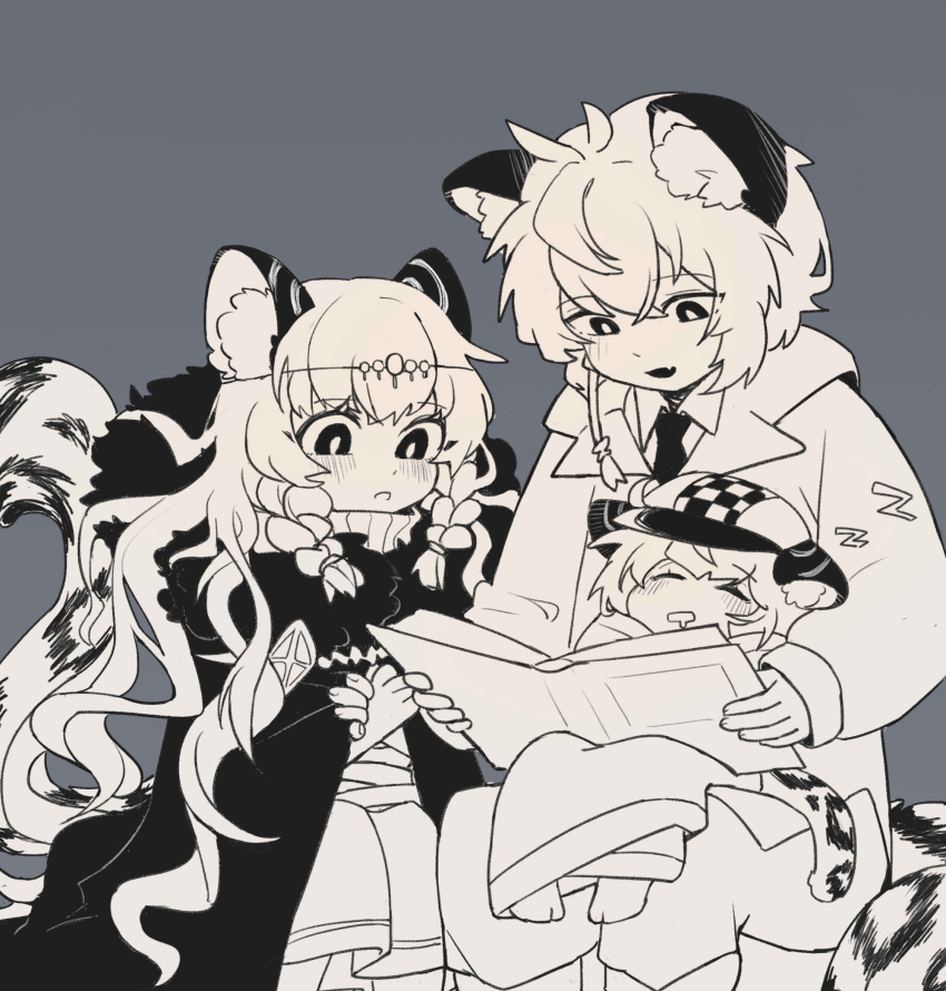 1boy 2girls :d :o aged_down animal_ear_fluff animal_ears anyou990 arknights blush braid brother_and_sister chinese_commentary cliffheart_(arknights) coat commentary_request dress fang fingernails flat_cap fur-trimmed_dress fur_trim greyscale hair_between_eyes hat highres leopard_ears leopard_tail long_hair monochrome multiple_girls necktie open_mouth pramanix_(arknights) reading short_hair siblings silverash_(arknights) sitting sitting_on_lap sitting_on_person sleeping smile tail turtleneck twin_braids zzz