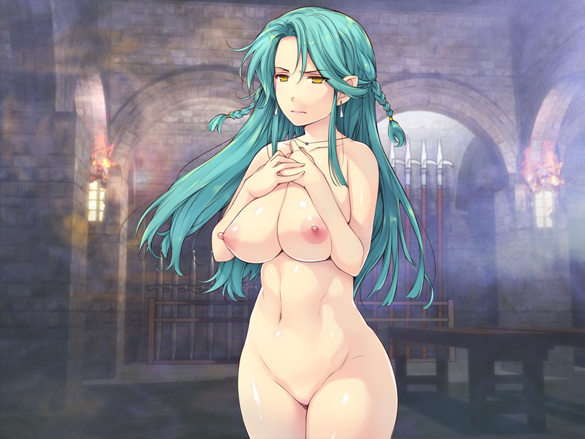1girl areolae braid breast_squeeze breasts closed_mouth earrings green_hair highres indoors large_breasts legs long_hair looking_at_viewer makeikusa_no_gofujin_wa_hisan_da_yo mound_of_venus navel nipples no_pussy nude original pointy_ears shaved shaved_pussy solo standing thighs twin_braids yellow_eyes yoko_juusuke