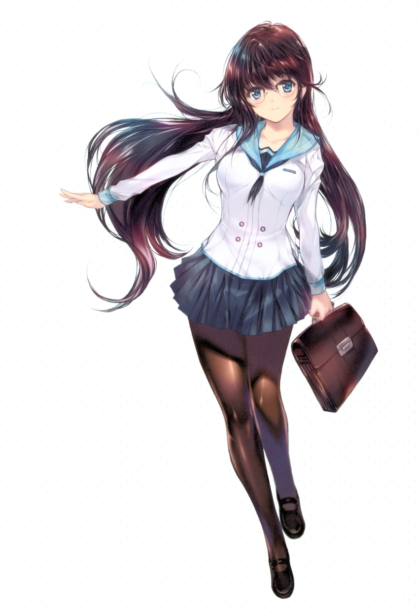 1girl absurdres bag bangs blue_eyes breasts brown_hair buttons closed_mouth collarbone detached_sleeves eyebrows_visible_through_hair full_body glasses highres holding long_hair long_sleeves looking_at_viewer medium_breasts min-naraken original pantyhose pleated_skirt sailor_collar scan school_bag school_uniform shiny shiny_clothes shiny_hair shoes simple_background skirt smile solo standing white_background