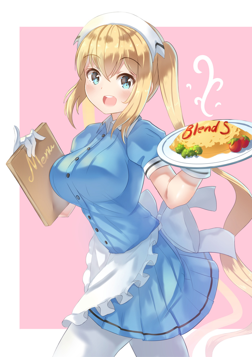 :d absurdres apron blend_s blonde_hair blue_dress blue_eyes blush breasts cherry_tomato collared_dress commentary_request copyright_name dress english eyebrows_visible_through_hair food food_writing frilled_apron frills from_side gloves hair_between_eyes head_scarf highres hinata_kaho holding holmemee ketchup large_breasts long_hair looking_at_viewer menu omurice open_mouth pantyhose pink_background pinky_out plate puffy_short_sleeves puffy_sleeves short_sleeves smile solo stile_uniform twintails very_long_hair waist_apron waitress white_apron white_gloves white_legwear