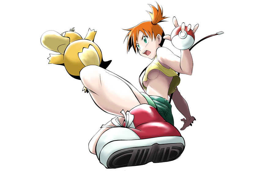 absurdres arm_support bare_arms bare_legs bare_shoulders breasts commentary_request crop_top crop_top_overhang cropped_shirt d: denim denim_shorts dutch_angle eyebrows_visible_through_hair foreshortening from_side full_body gen_1_pokemon green_eyes gym_leader hand_up highres holding holding_poke_ball kakkii kasumi_(pokemon) letterboxed looking_afar midriff no_bra open_mouth orange_hair poke_ball pokemon pokemon_(anime) pokemon_(creature) pokemon_(game) psyduck shirt short_hair shorts side_ponytail sleeveless sleeveless_shirt stomach suspenders underboob upshirt v-shaped_eyebrows
