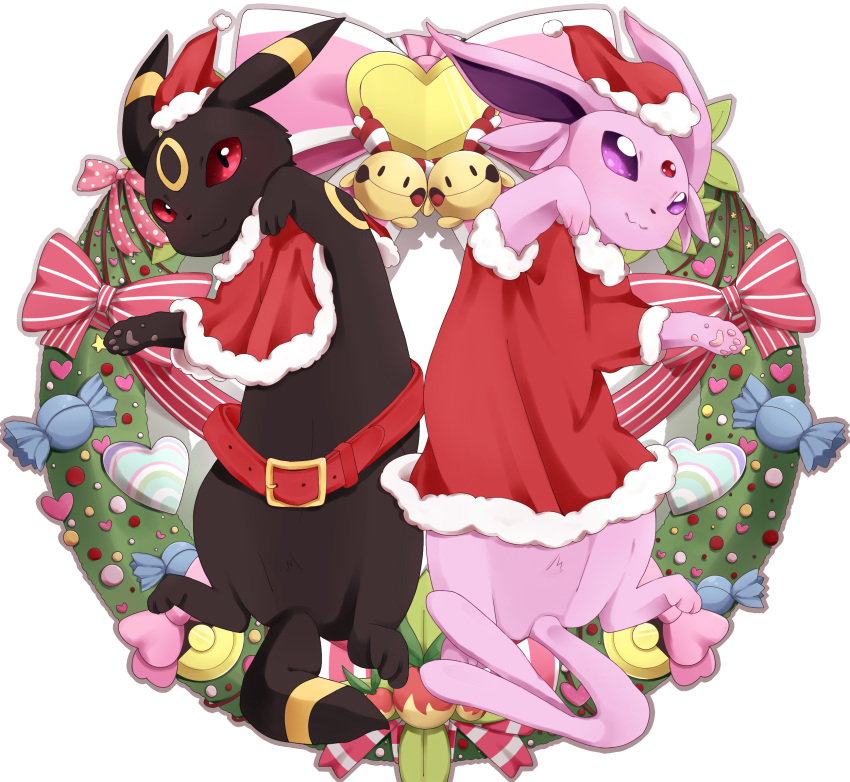 bell belt bow christmas closed_mouth clothed_pokemon creatures_(company) crescent espeon facial_mark forehead_mark forked_tail game_freak gen_2_pokemon hat heart highres nintendo no_humans paws pointy_ears pokemon pokemon_(creature) ribbon santa_costume santa_hat simple_background smile tail umbreon white_background yukichi_(sukiyaki39)