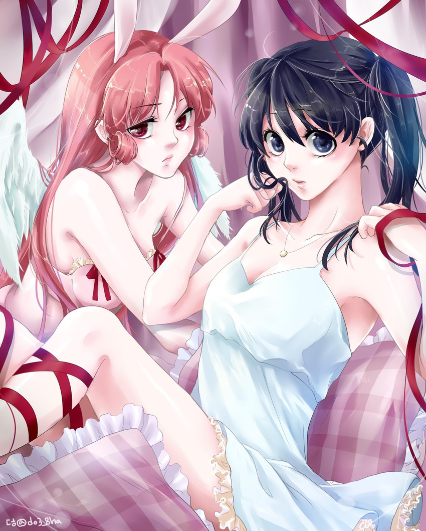 angel_wings animal_ears bare_shoulders black_eyes black_hair bunny_ears dh_(booom38) extra_ears full_moon_wo_sagashite highres kouyama_mitsuki lingerie lying meroko_yui multiple_girls negligee nightgown no_hat no_headwear on_stomach pillow red_eyes red_ribbon ribbon sitting twintails underwear underwear_only wings