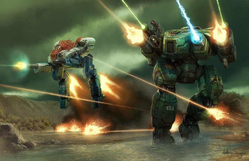 battle battletech cloud commentary damaged dirty dodging energy_beam energy_cannon explosion falconer_(battletech) firing gatling_gun gun jumping laser_beam mecha mountain particle_projector_cannon realistic river sagittaire_(battletech) science_fiction signature tree walker water weapon