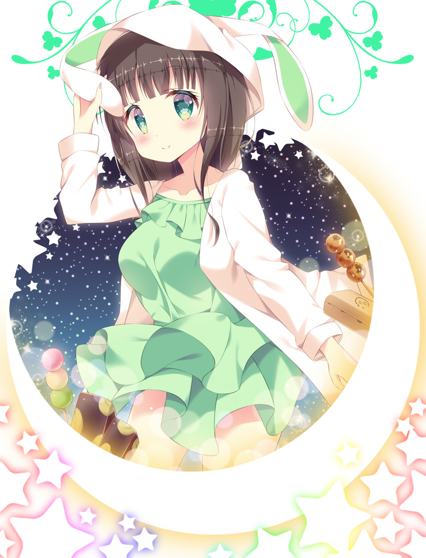 animal_hood bangs blunt_bangs blush breasts brown_hair bunny_hood closed_mouth collarbone commentary_request cowboy_shot crescent dango dress eyebrows_visible_through_hair food gochuumon_wa_usagi_desu_ka? green_dress green_eyes highres hood hooded_jacket jacket layered_dress long_hair long_sleeves looking_at_viewer loungewear medium_breasts night night_sky satsuki_yukimi sky smile solo standing star star_(sky) ujimatsu_chiya wagashi white_hood white_jacket youkan_(food)