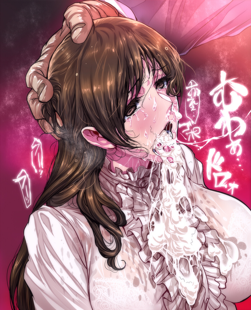 1girl after_fellatio bar_censor bra breasts brown_eyes brown_hair censored cum cum_bubble cum_in_nose cum_on_clothes cum_string drooling hand_on_another's_head hetero highres idolmaster idolmaster_cinderella_girls large_breasts long_hair nitta_minami penis rape saliva see-through stray_pubic_hair sweat tears underwear warainaku