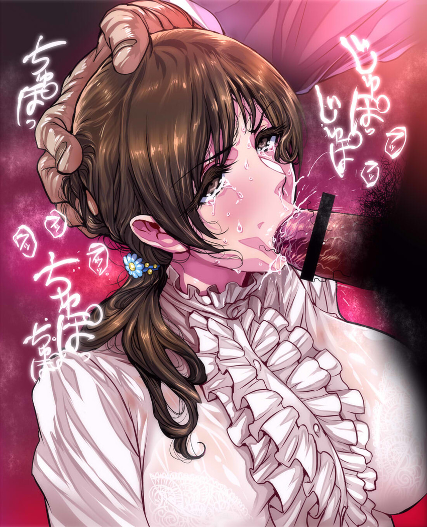 1girl :&gt;= bar_censor bra breasts brown_eyes brown_hair censored drooling fellatio flower hair_flower hair_ornament hand_on_another's_head hetero highres idolmaster idolmaster_cinderella_girls irrumatio large_breasts long_hair nitta_minami oral penis rape saliva see-through smegma stray_pubic_hair sweat tears underwear warainaku