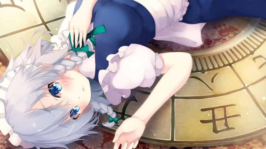 apron blue_dress blue_eyes blush bow braid breasts commentary_request dress eyebrows_visible_through_hair frilled_apron frills gengetsu_chihiro green_bow green_neckwear hair_between_eyes hair_bow hand_on_own_chest hand_up highres izayoi_sakuya looking_at_viewer lying maid maid_headdress medium_breasts on_back parted_lips puffy_short_sleeves puffy_sleeves short_hair short_sleeves silver_hair solo touhou twin_braids upside-down waist_apron white_apron