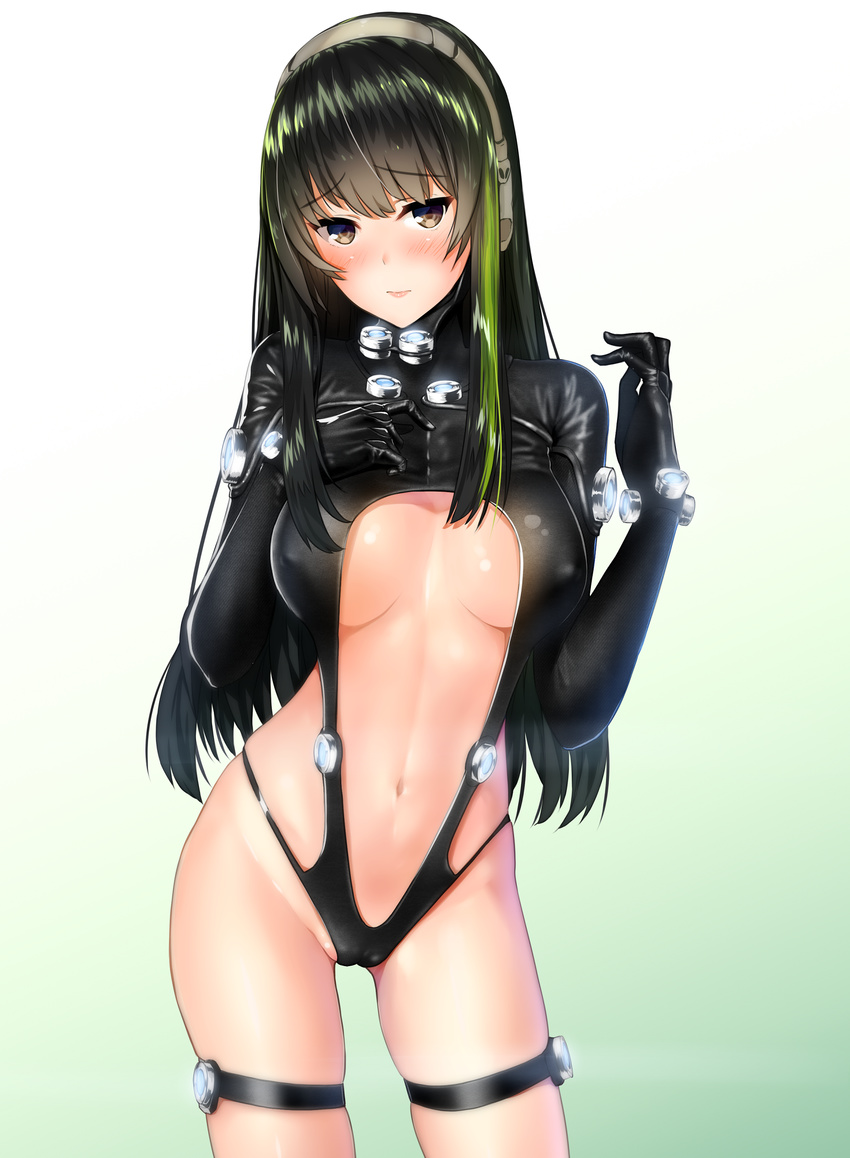 absurdres black_gloves black_hair black_leotard blush breasts brown_eyes cameltoe center_opening closed_mouth commentary_request contrapposto cosplay covered_nipples cowboy_shot gantz gantz_suit girls_frontline gloves gradient gradient_background green_background green_hair hand_on_own_chest head_tilt headset highres legs_apart leotard lips long_hair looking_at_viewer m4a1_(girls_frontline) medium_breasts multicolored_hair revealing_clothes shiny shiny_hair shiny_skin solo standing streaked_hair thigh_strap ukeuke underboob