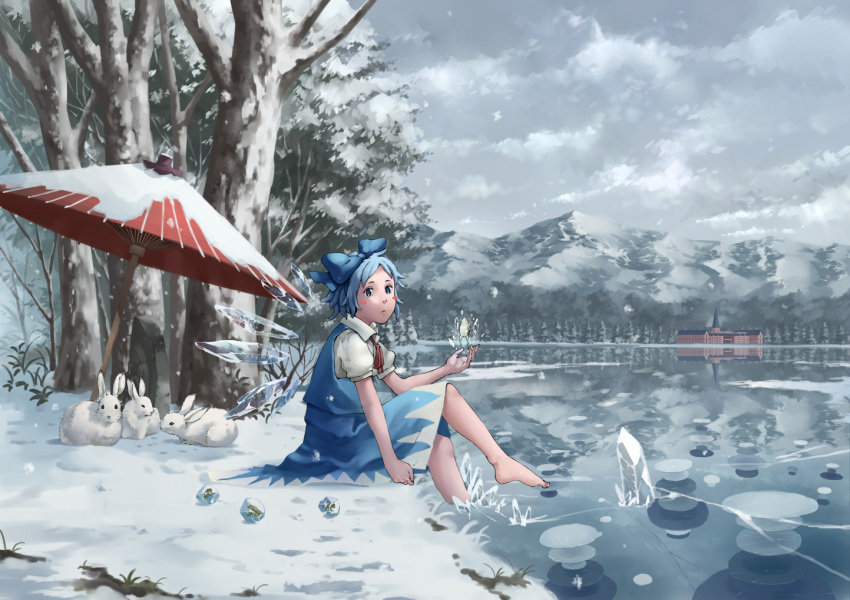 1girl barefoot blue_eyes blue_hair blush blush_stickers bow bunny cirno cloud commentary dress forest frog frown frozen frozen_frog hair_bow ice ice_wings lake lily_pad looking_at_viewer looking_to_the_side magic mansion mountain nagi_(xx001122) nature neck_ribbon parasol ribbon scarlet_devil_mansion scenery short_hair sitting sky snow solo the_embodiment_of_scarlet_devil touhou tree umbrella water wings winter