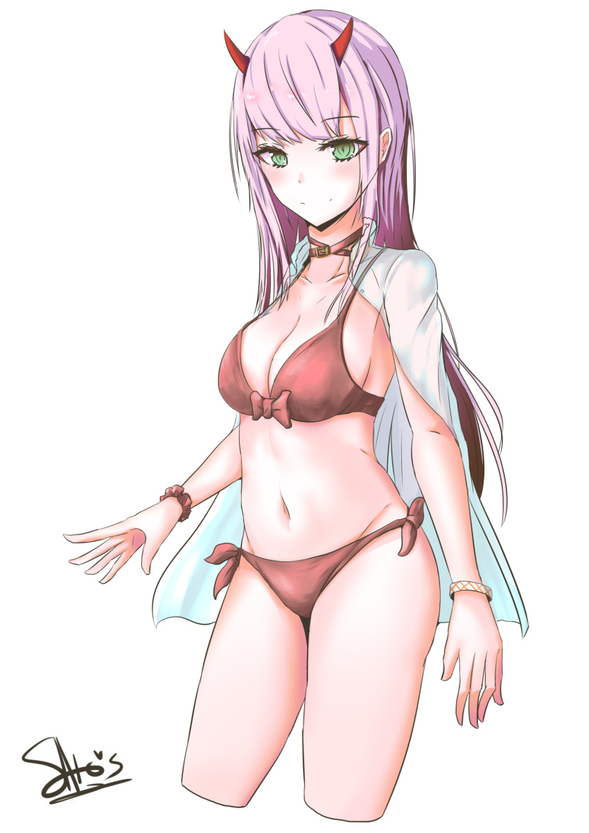 absurdres bikini breasts cleavage cropped_legs darling_in_the_franxx front-tie_bikini front-tie_top green_eyes highres horns ichikawayan large_breasts navel pink_hair red_eyes scrunchie side-tie_bikini side-tie_bottom smile strap_gap swimsuit thighs white_background wrist_scrunchie zero_two_(darling_in_the_franxx)