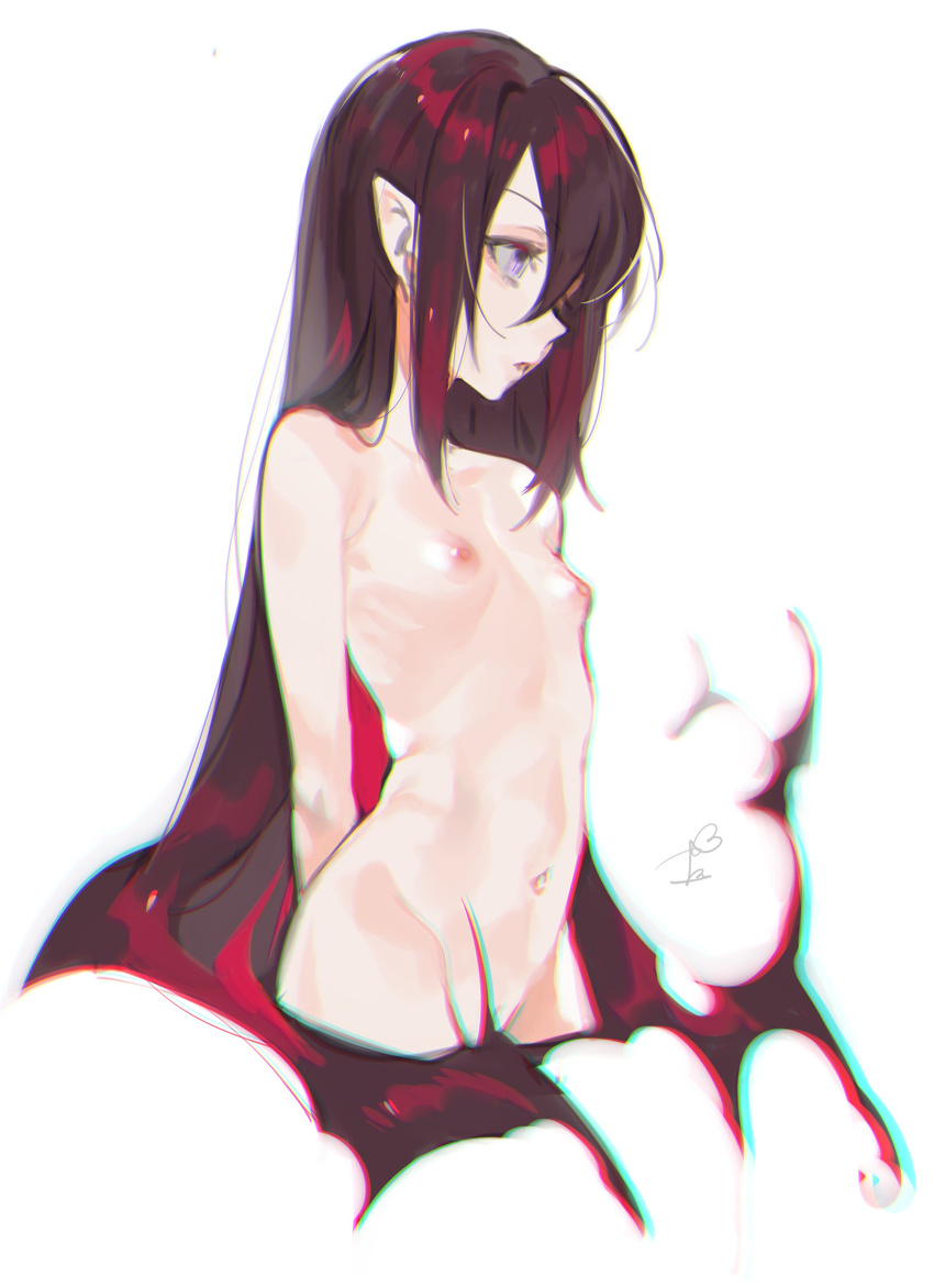 absurdres bad_id bad_twitter_id breasts chromatic_aberration cropped_legs from_side hair_between_eyes highres lady_bat long_hair mermaid_melody_pichi_pichi_pitch navel nipples nude ohisashiburi parted_lips petite pointy_ears purple_eyes red_hair ribs signature simple_background skinny slit_pupils small_breasts solo very_long_hair white_background
