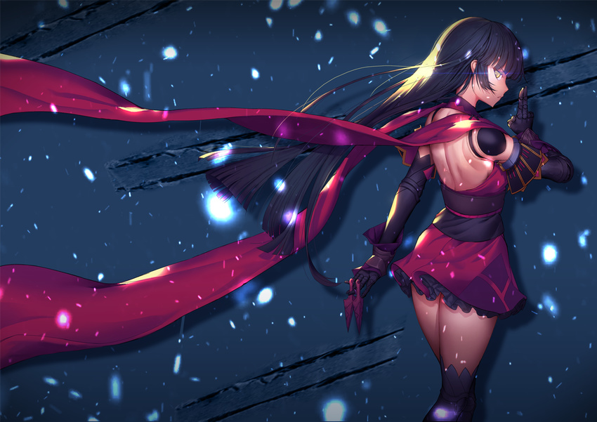 backless_dress backless_outfit bangosu bare_back black_hair black_legwear detached_sleeves dress fate/grand_order fate_(series) from_behind glowing hair_down japanese_clothes katou_danzou_(fate/grand_order) kunai long_hair looking_back profile red_scarf robot_joints scarf slash snow solo thighhighs weapon yellow_eyes