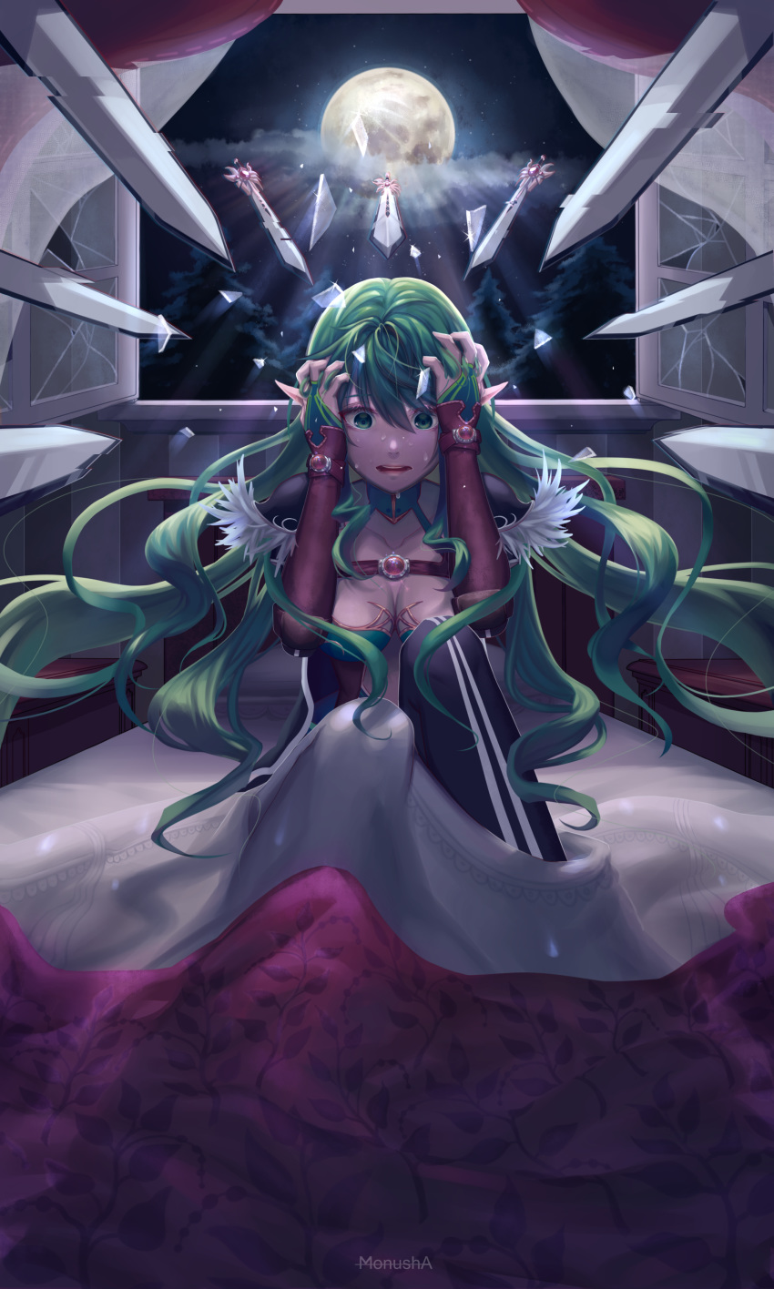 absurdres artist_name bed bed_sheet breasts broken_glass cloud commentary elf elsword english_commentary full_moon glass glass_shards green_eyes green_hair hands_on_own_head highres looking_at_viewer medium_breasts monusha moon night on_bed open_window parted_lips pointy_ears rena_(elsword) sitting sky sparkle sweat sword weapon window