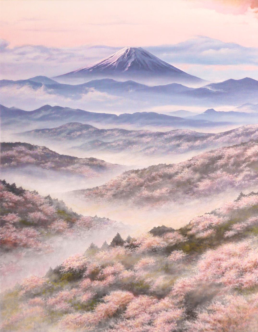 calligraphy_brush_(medium) cherry_blossoms cloud commentary_request day fog forest highres mount_fuji mountain nature no_humans outdoors scenery spring_(season) traditional_media tree valley