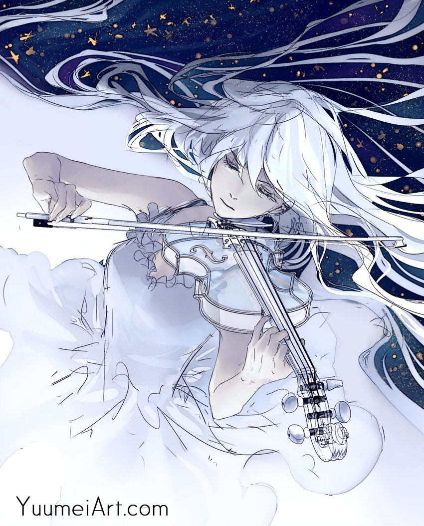 closed_eyes commentary dress glass highres instrument original sky solo star_(sky) starry_sky violin wenqing_yan white_dress white_hair work_in_progress
