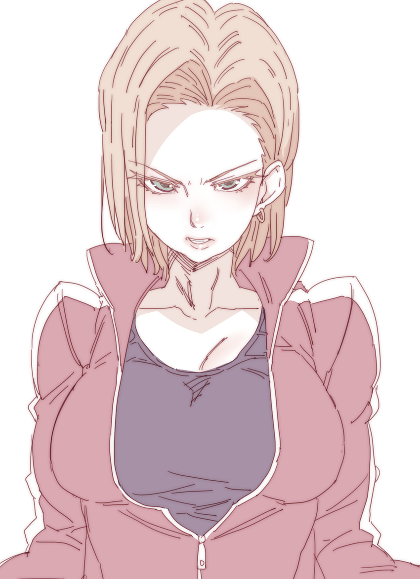 android_18 blonde_hair blue_eyes blue_shirt blush breasts commentary_request dragon_ball dragon_ball_z high_collar highres jacket large_breasts long_sleeves looking_at_viewer medium_hair pale_color parted_lips red_jacket shirt simple_background solo tasaka_shinnosuke unzipped white_background zipper