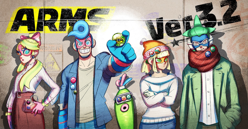 3boys arms_(game) badge bag beanie blonde_hair blue_eyes blue_hair button_badge casual cobushii_(arms) commentary_request copyright_name dna_man_(arms) domino_mask dress goo_guy green_eyes green_hair handbag hat highres ishikawa_masaaki jacket looking_at_viewer mask min_min_(arms) monster_boy multicolored_hair multiple_boys multiple_girls ninjara_(arms) official_art pompadour ribbon_girl_(arms) scarf smile spring_man_(arms) sweater two-tone_hair