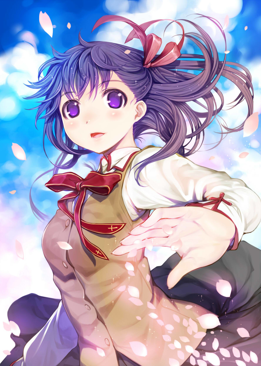 blush cherry_blossoms cloud day fate/stay_night fate_(series) hair_ribbon highres homurahara_academy_uniform long_hair long_sleeves looking_at_viewer matou_sakura mikazuki_akira! open_mouth petals purple_eyes purple_hair ribbon school_uniform side_ribbon skirt sky solo vest