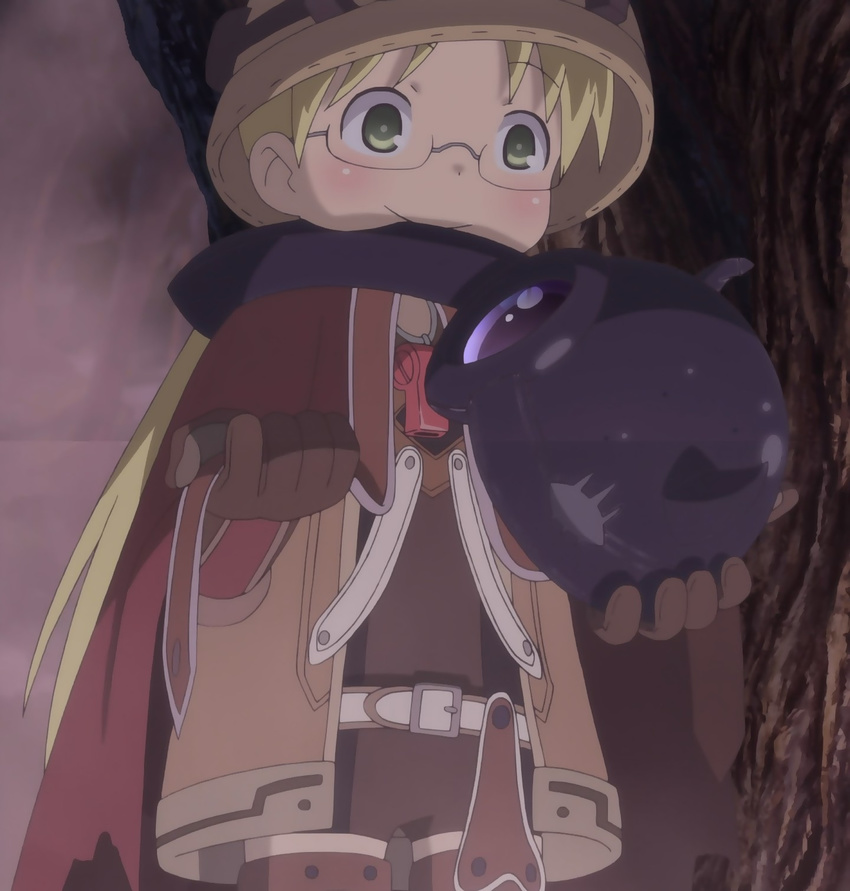 1girl blonde_hair glasses gloves green_eyes helmet made_in_abyss riko_(made_in_abyss) screencap smile stitched twintails