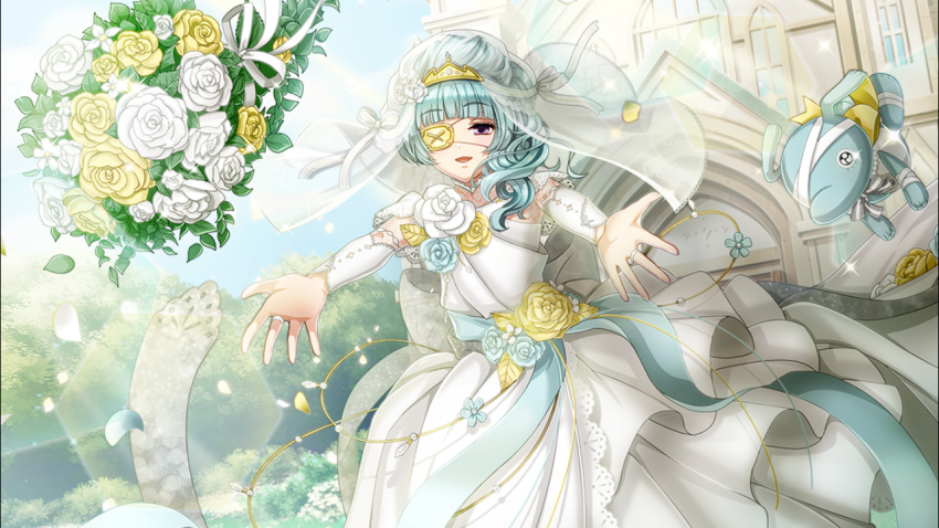1boy bangs blue_hair blunt_bangs bouquet bow bridal_gauntlets bridal_veil curly_hair dress ekaterina_(senjuushi) eyepatch flower frilled_dress frills game_cg gown half-closed_eyes half_updo long_hair looking_at_viewer male_focus official_art open_mouth otoko_no_ko outdoors outstretched_arms purple_eyes ribbon sash see-through senjuushi:_the_thousand_noble_musketeers smile solo stuffed_toy tiara veil wedding_dress white_dress