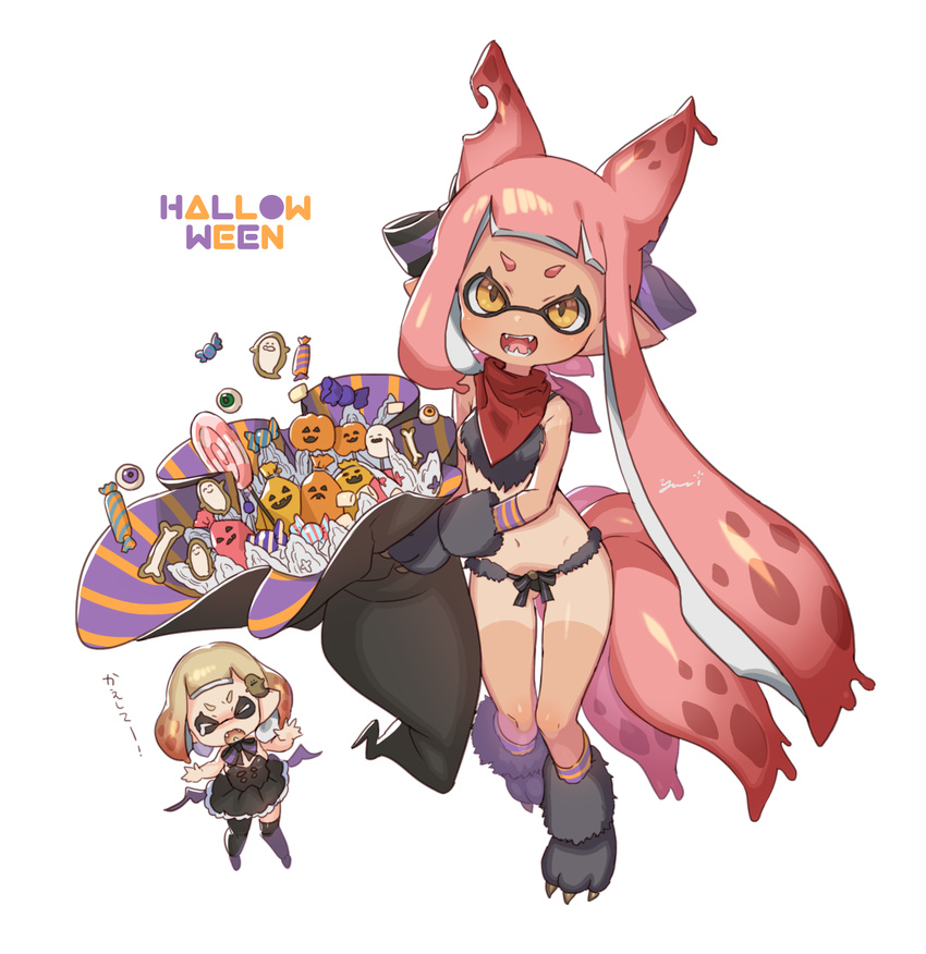 animal_ears candy costume fangs food fur_trim gloves halloween halloween_costume hat highres inkling looking_at_viewer multiple_girls multiple_tails navel open_mouth panties paw_boots paw_gloves paws simple_background single_tear splatoon_(series) splatoon_2 stomach tail tan tanline tentacles translated underwear vampire_costume werewolf white_background witch_hat yu-ri