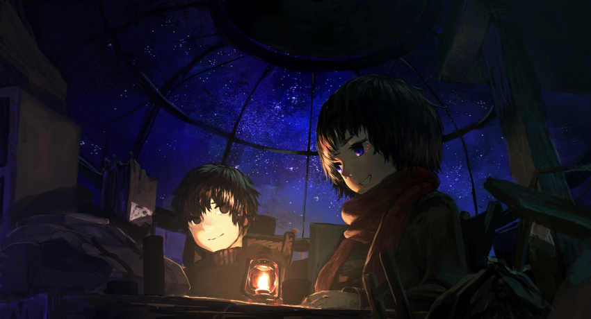 1girl bad_id bad_pixiv_id bangs black_eyes black_hair blue_eyes blue_sky brick grin highres lantern looking_at_another night night_sky original parted_lips red_scarf ruins ryono_mizuki scarf short_hair sky smile star_(sky) starry_sky sweater