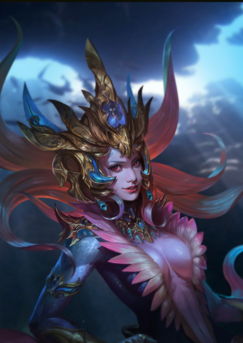 1girl chenbo cleavage cloud earrings helmet league_of_legends long_hair looking_at_viewer multicolored_hair nami_(league_of_legends) necklace red_eyes sky smile underwater