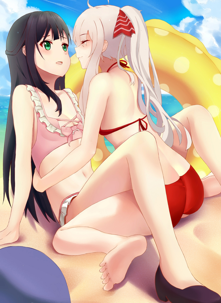 2girls ass bikini black_hair blush chiya_(urara_meirochou) dankesang eyes_closed green_eyes imminent_kiss multiple_girls open_mouth pink_bikini red_bikini tatsumi_kon urara_meirochou white_hair yuri