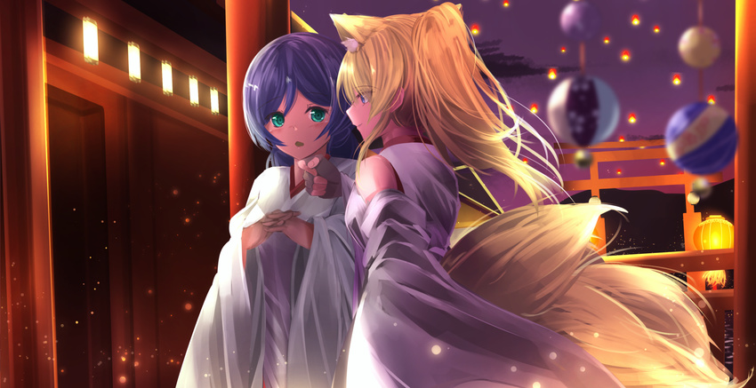 animal_ears architecture ayase_eli blonde_hair blue_eyes blush commentary_request detached_sleeves east_asian_architecture extra_ears fingerless_gloves fox_ears fox_tail gloves green_eyes highres japanese_clothes kitsune lantern long_hair looking_at_another love_live! love_live!_school_idol_festival love_live!_school_idol_project low_twintails miko multiple_girls multiple_tails orein paper_lantern ponytail purple_hair purple_sky smile tail torii toujou_nozomi twintails wide_sleeves yuri